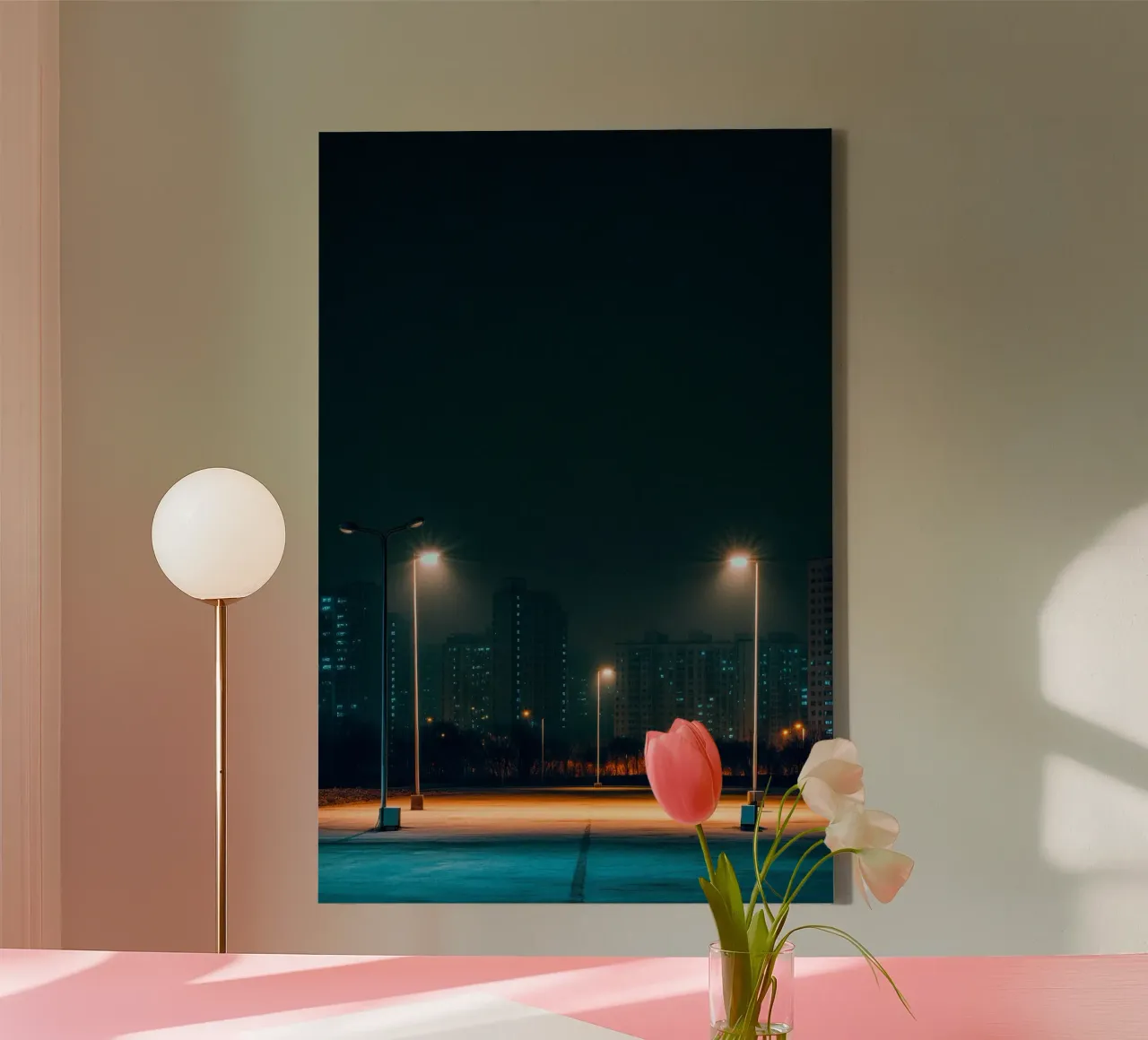 Pyongyang under the streetlights - A burst of urban solitude canvas with Floater frame by By Night