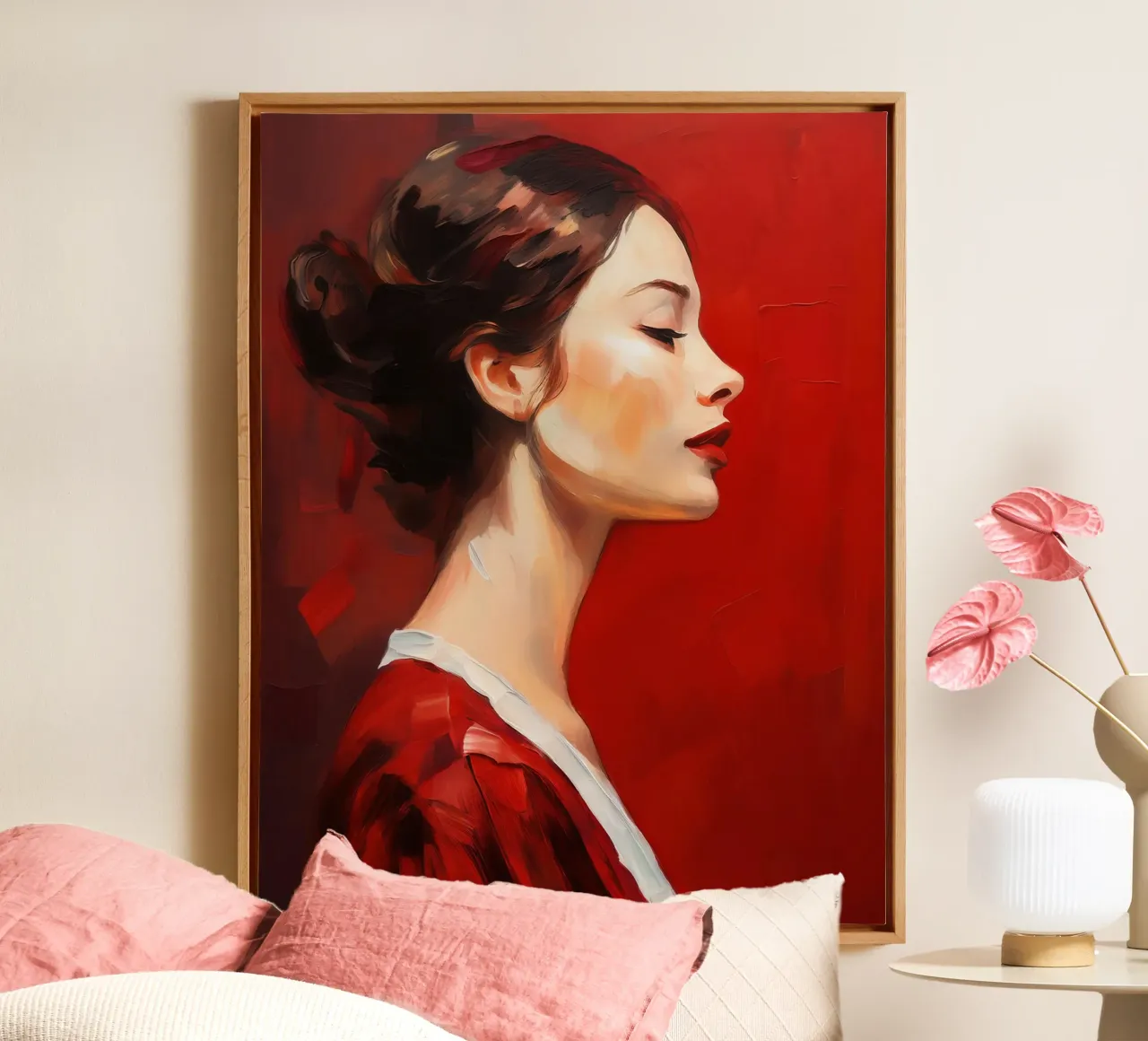 Portret Vrouw in rood zijaanzicht canvas van Take Your Art BV