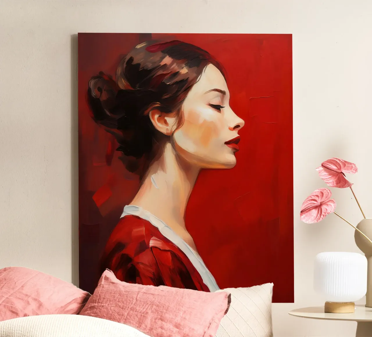 Portret Vrouw in rood zijaanzicht canvas van Take Your Art BV