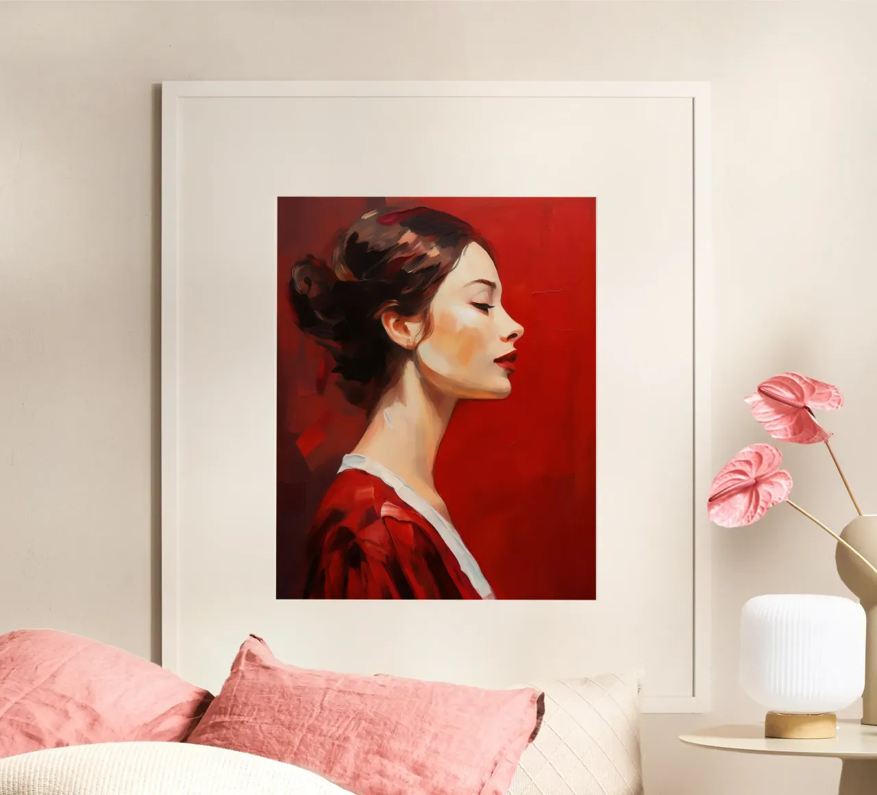 Portrait Woman in red side view hahnemühle by Take Your Art BV