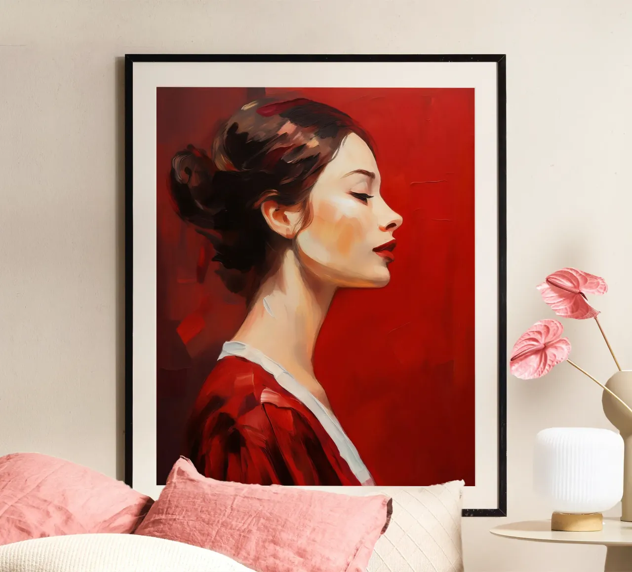 Portrait Woman in red side view hahnemühle by Take Your Art BV