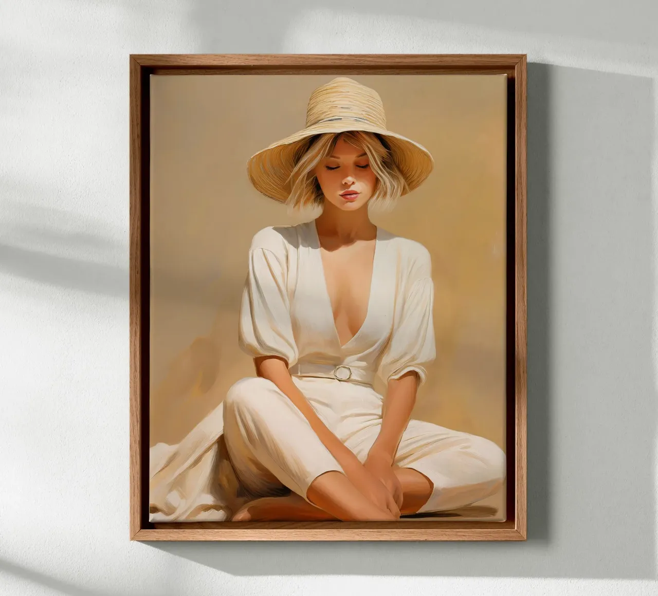 Portret vrouw ontspannen zitten met strohoed zachte kleuren canvas met Baklijst van Take Your Art BV