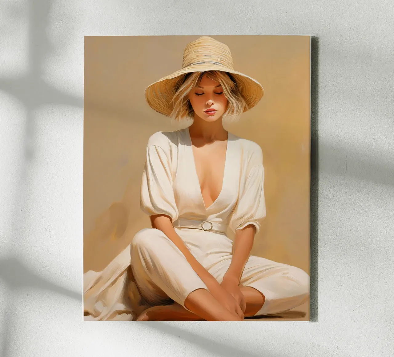 Portret vrouw ontspannen zitten met strohoed zachte kleuren canvas met Baklijst van Take Your Art BV