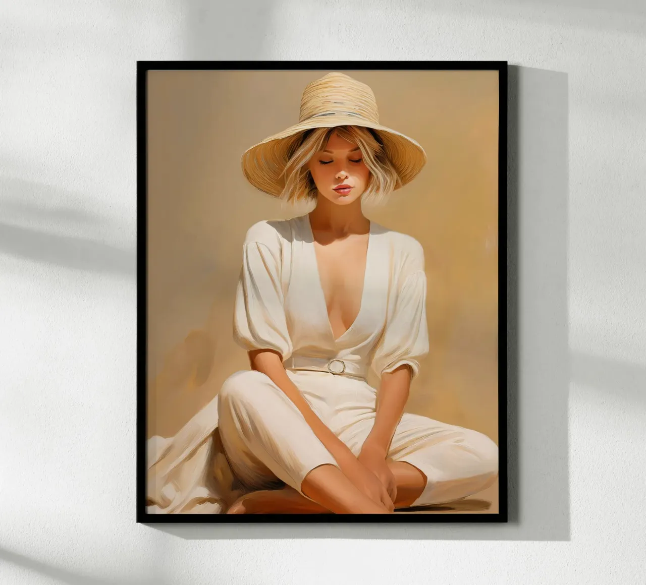 Portret vrouw ontspannen zitten met strohoed zachte kleuren poster van Take Your Art BV