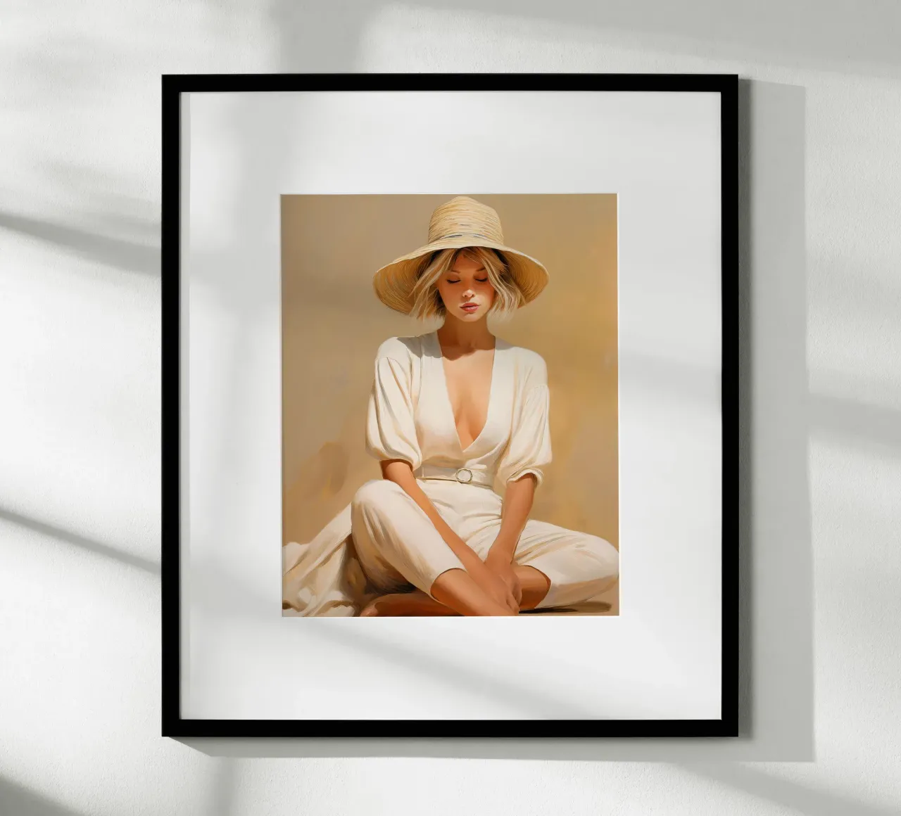 Portret vrouw ontspannen zitten met strohoed zachte kleuren poster van Take Your Art BV