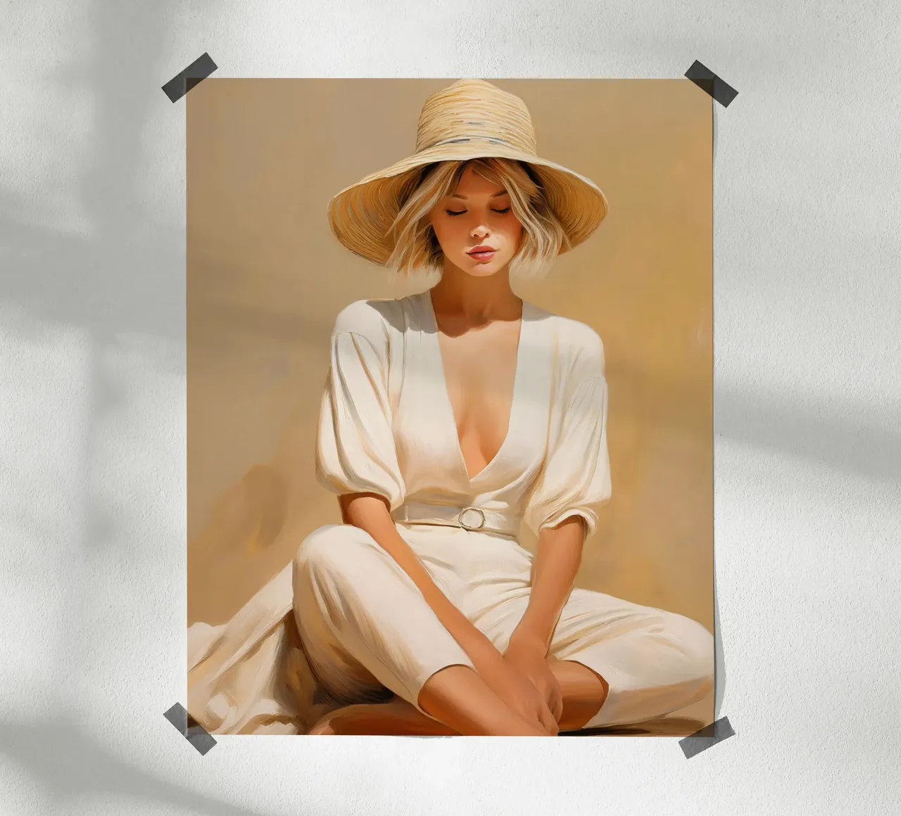 Portret vrouw ontspannen zitten met strohoed zachte kleuren poster van Take Your Art BV