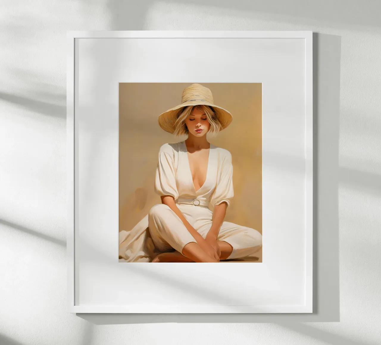 Portret vrouw ontspannen zitten met strohoed zachte kleuren poster van Take Your Art BV