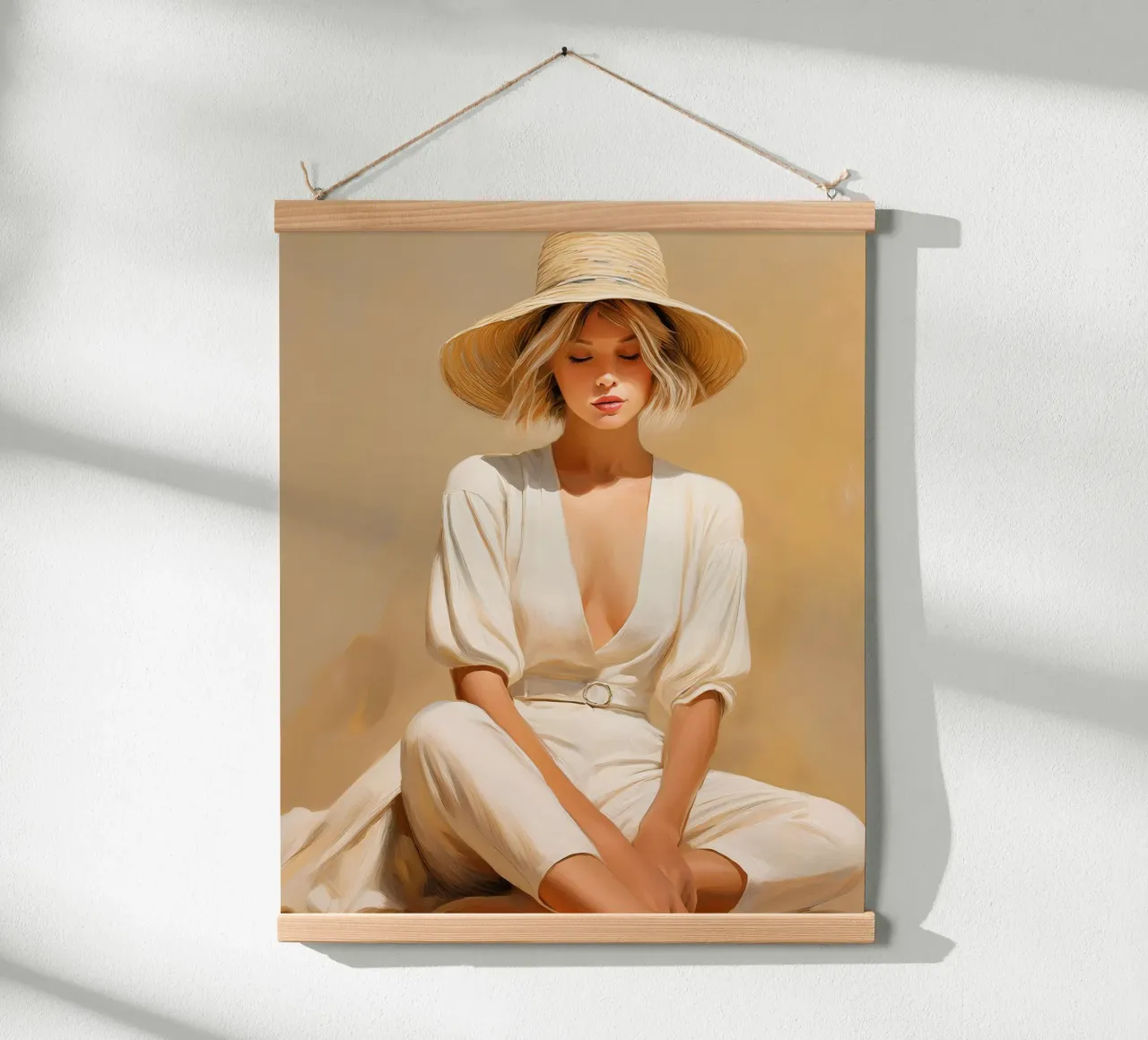 Portret vrouw ontspannen zitten met strohoed zachte kleuren poster van Take Your Art BV