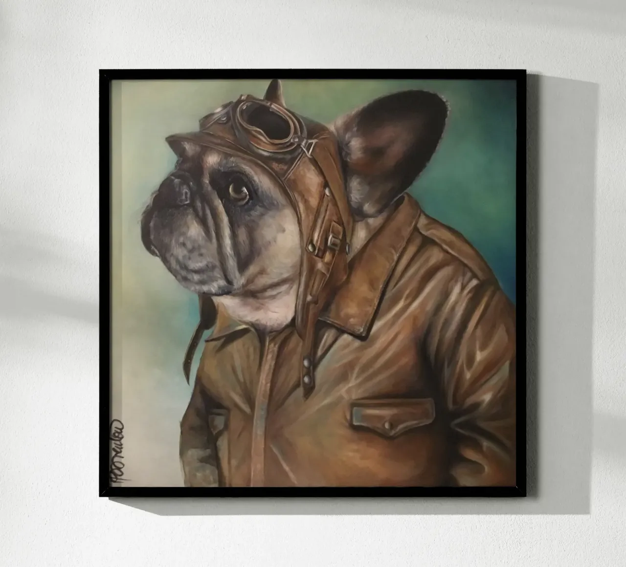 Il bulldog aviatore poster con telaio in legno da HelenBarenton