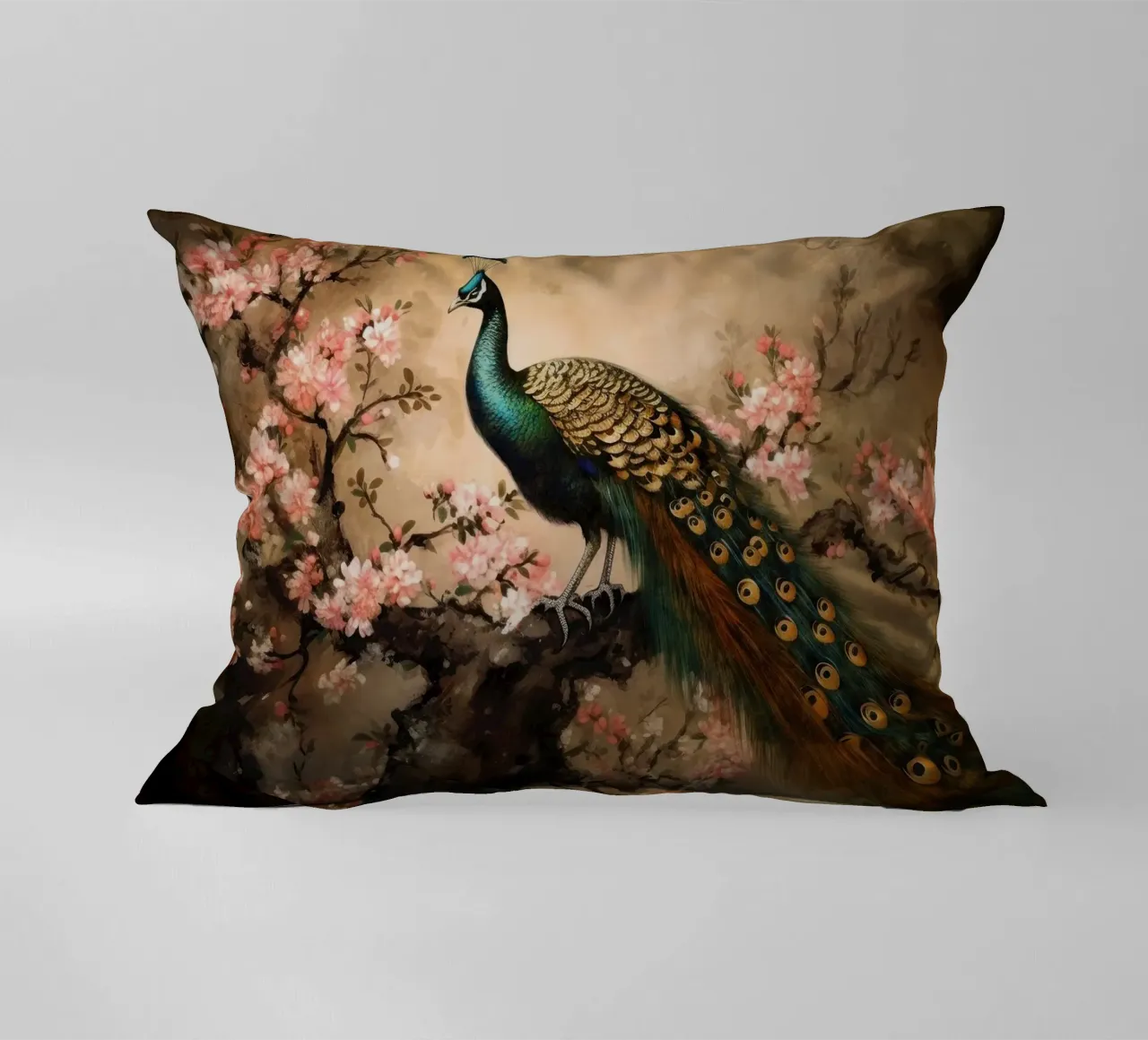 Pavone reale d'epoca e fiori di ciliegio cuscino da Vintage World - Uta Naumann