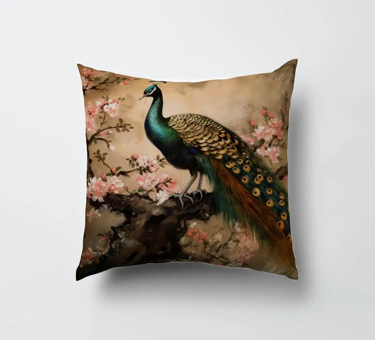 Pavone reale d'epoca e fiori di ciliegio cuscino da Vintage World - Uta Naumann