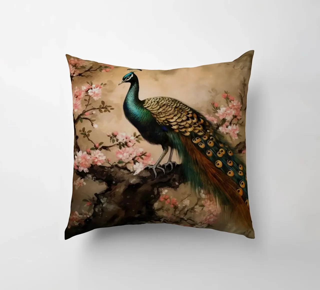 Pavone reale d'epoca e fiori di ciliegio cuscino da Vintage World - Uta Naumann