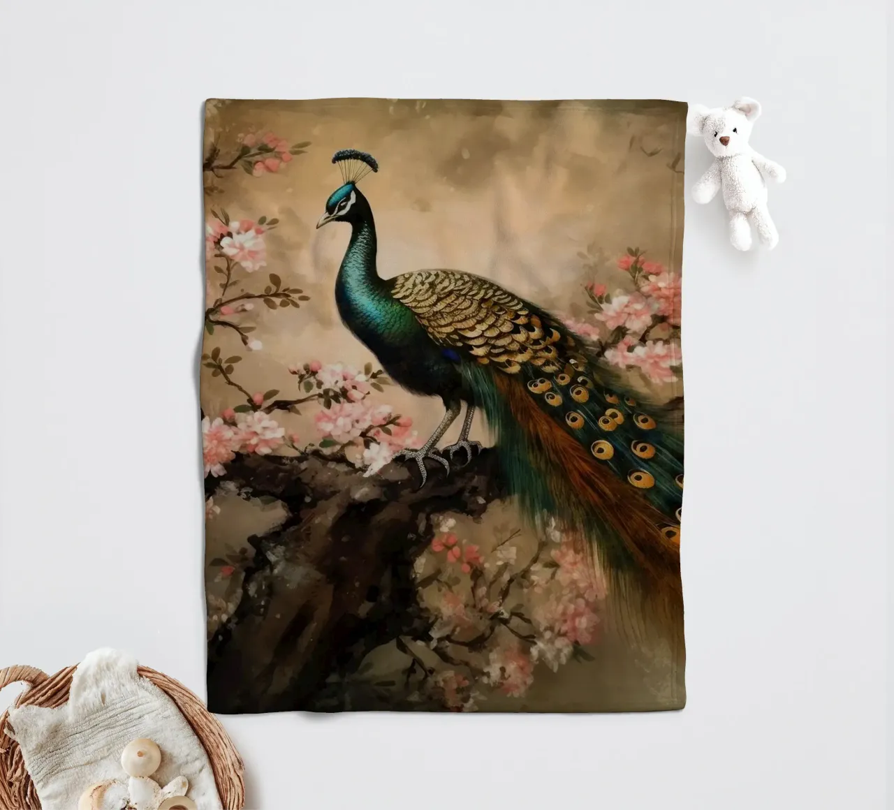 Pavone reale d'epoca e fiori di ciliegio coperta in pile da Vintage World - Uta Naumann