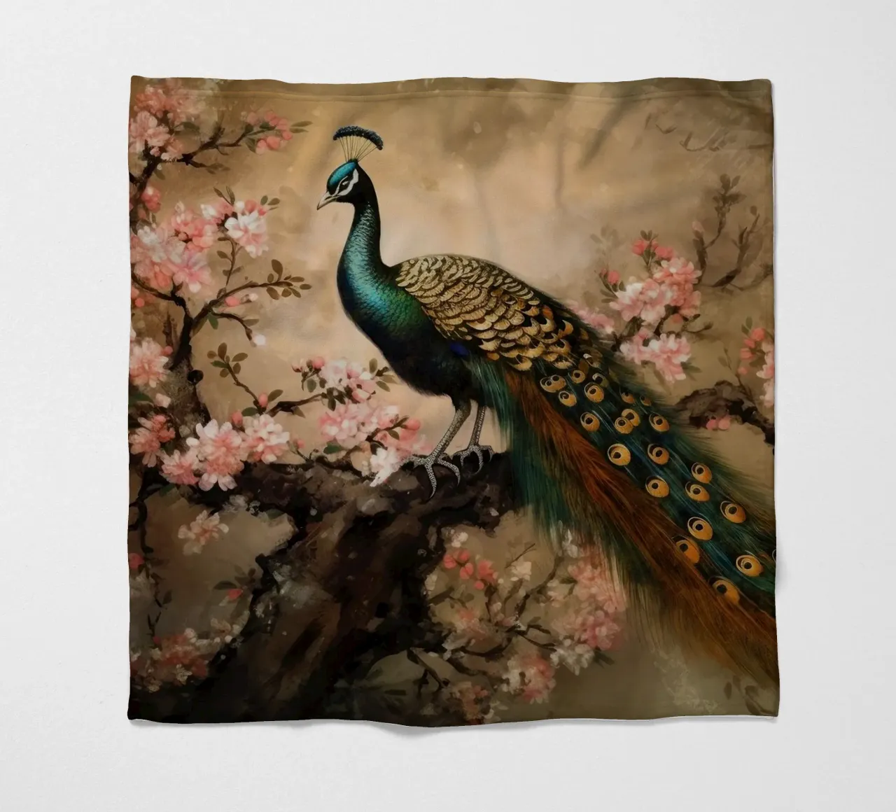 Pavone reale d'epoca e fiori di ciliegio coperta in pile da Vintage World - Uta Naumann