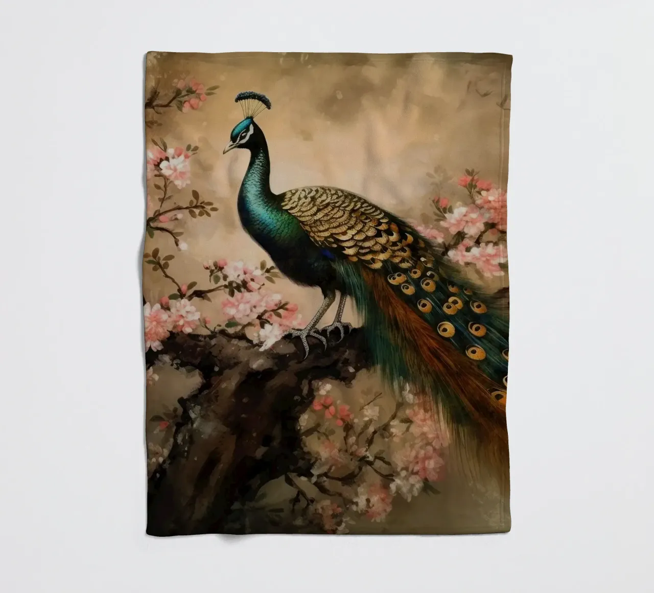 Pavone reale d'epoca e fiori di ciliegio coperta in pile da Vintage World - Uta Naumann