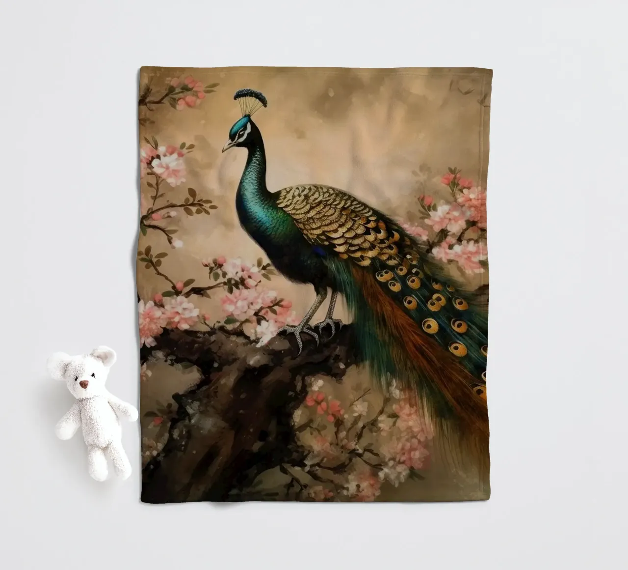 Pavone reale d'epoca e fiori di ciliegio coperta in pile da Vintage World - Uta Naumann