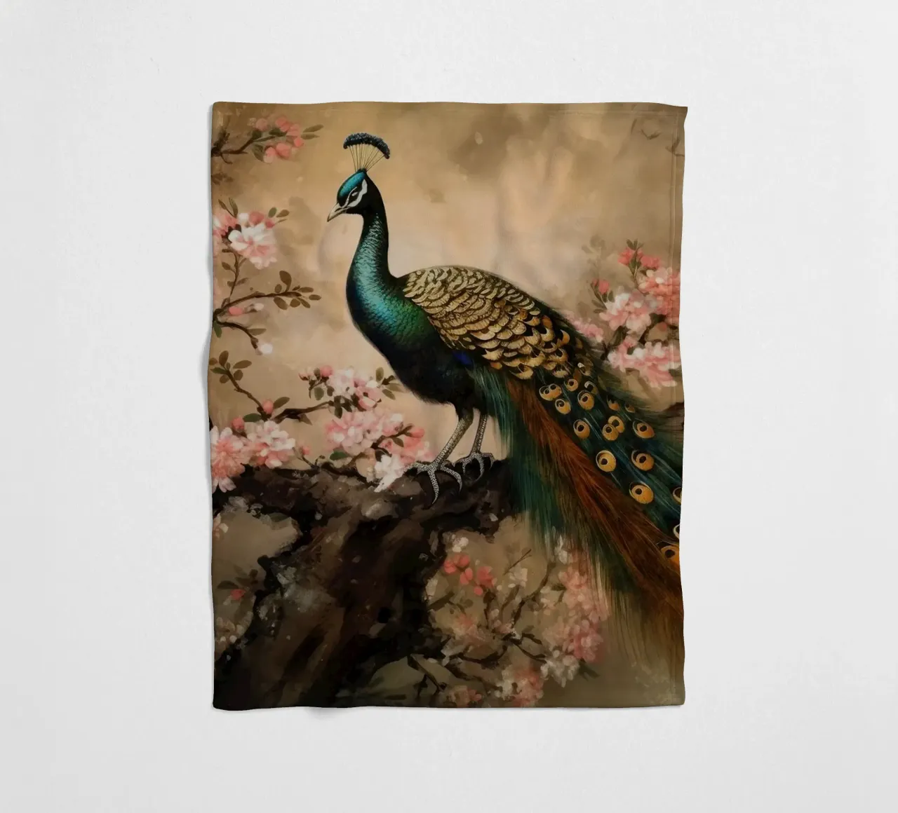 Pavone reale d'epoca e fiori di ciliegio coperta in pile da Vintage World - Uta Naumann