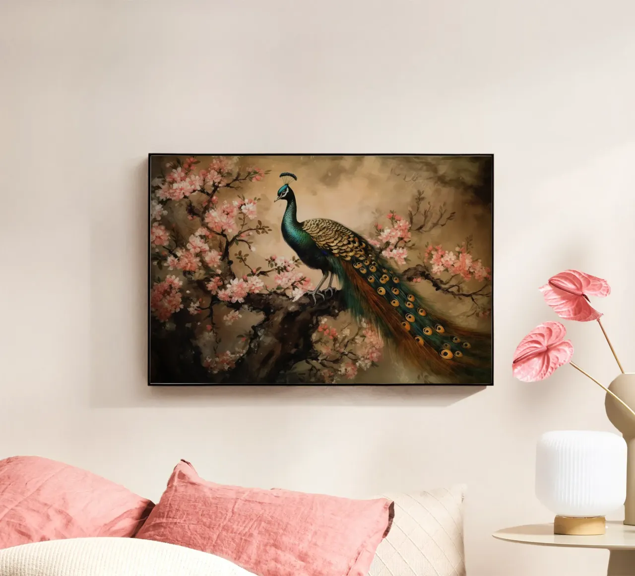 Pavone reale d'epoca e fiori di ciliegio plexiglass da Vintage World - Uta Naumann