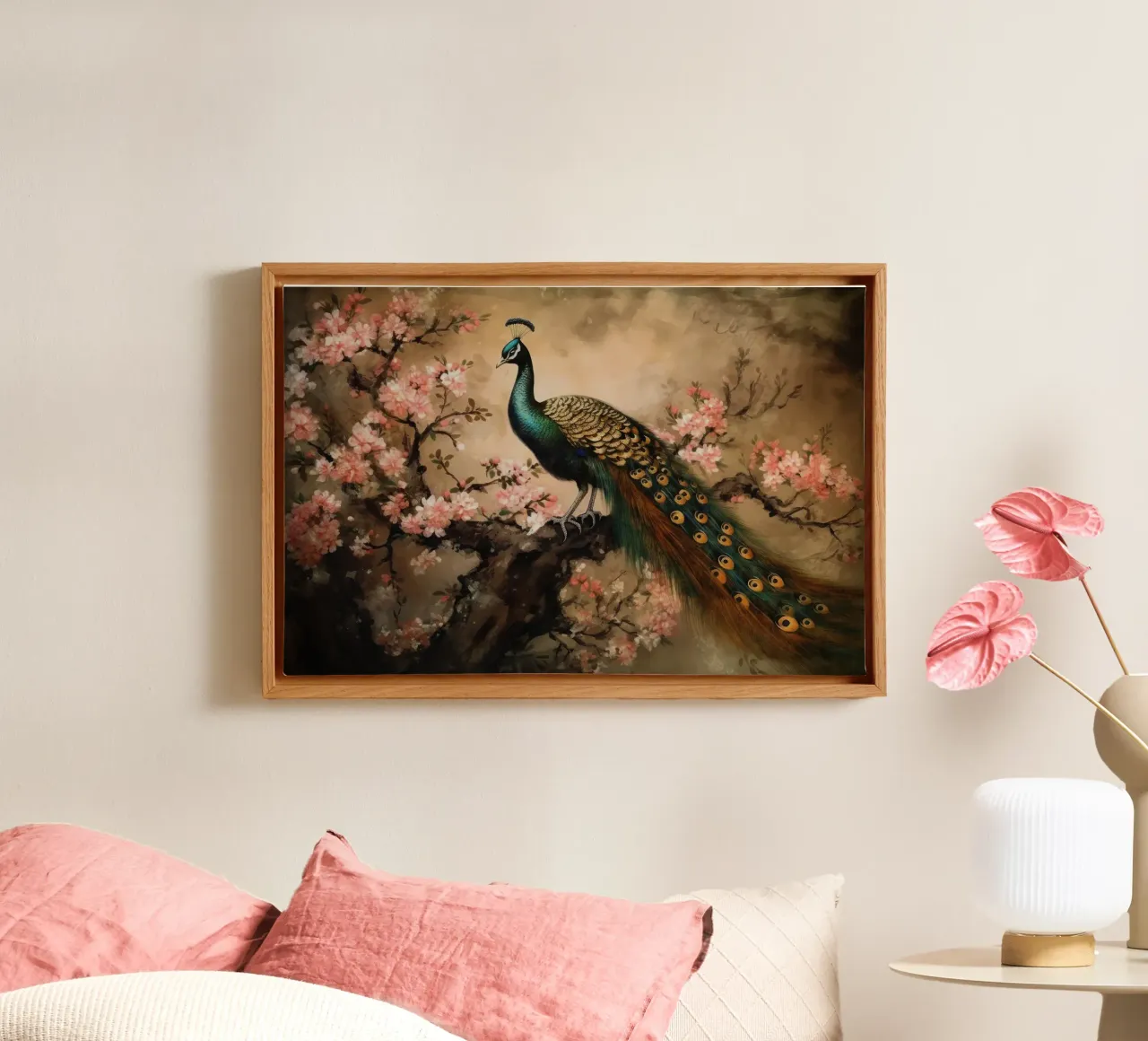 Pavone reale d'epoca e fiori di ciliegio tela con Cornice a cassetta da Vintage World - Uta Naumann