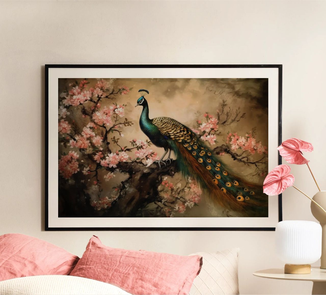 Royal Vintage Peacock And Cherry Blossoms poster by Vintage World - Uta Naumann