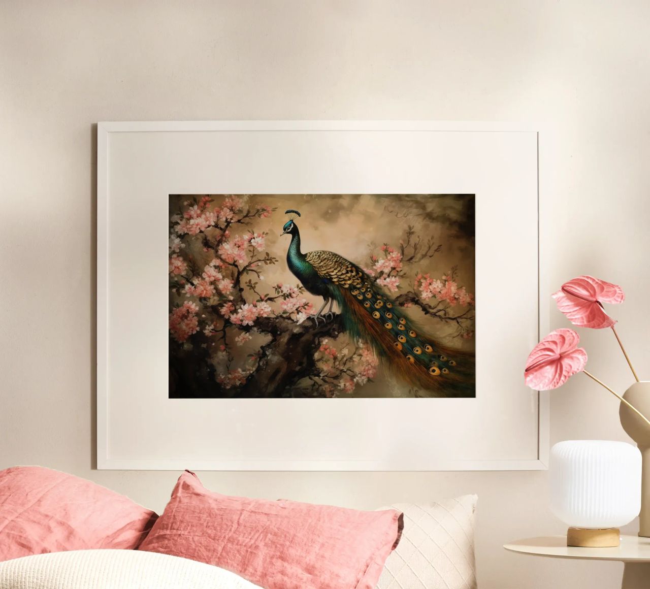 Royal Vintage Peacock And Cherry Blossoms poster by Vintage World - Uta Naumann