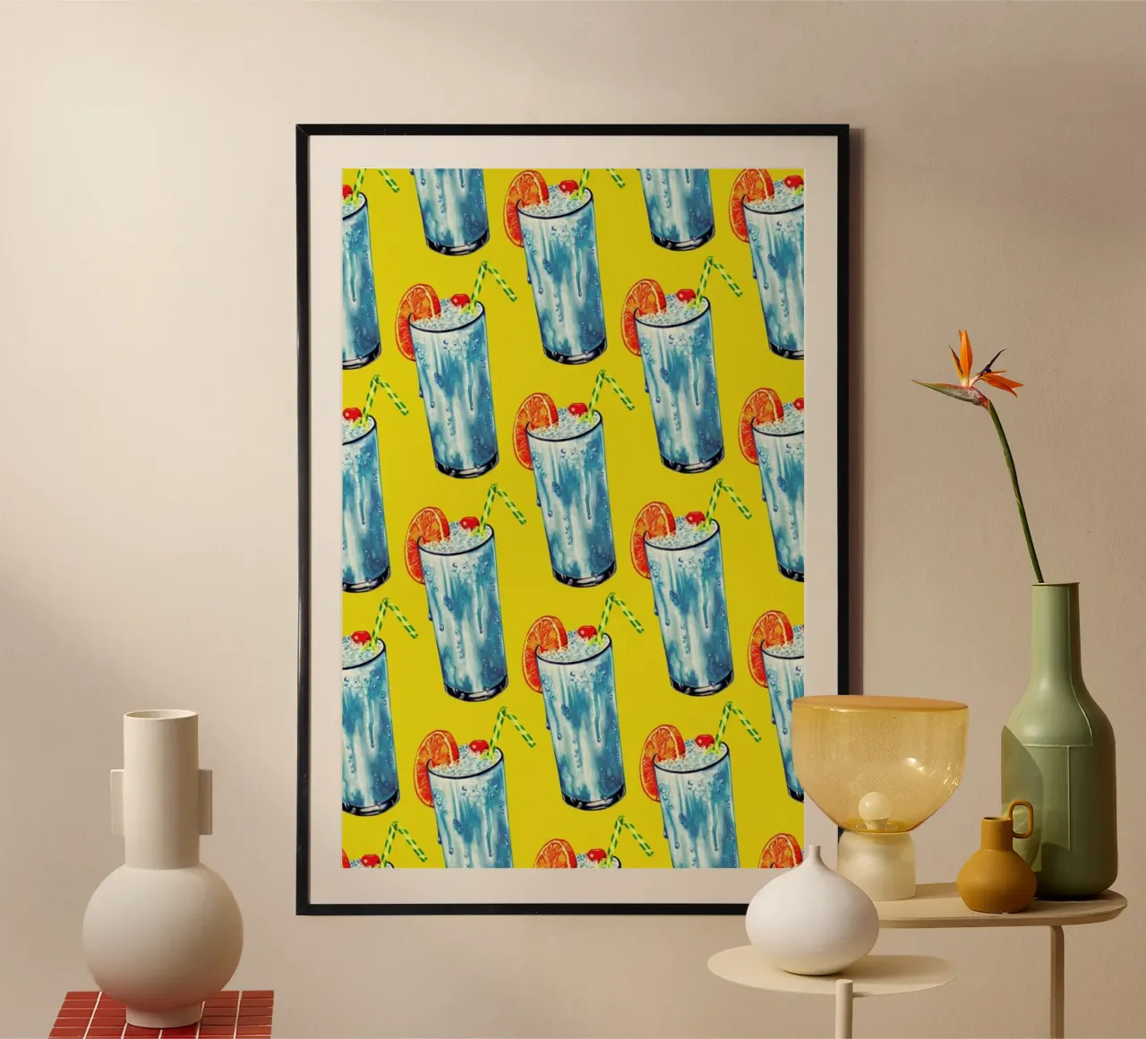 Blue Hawai Pattern poster con telaio in legno da Kelly Gilleran