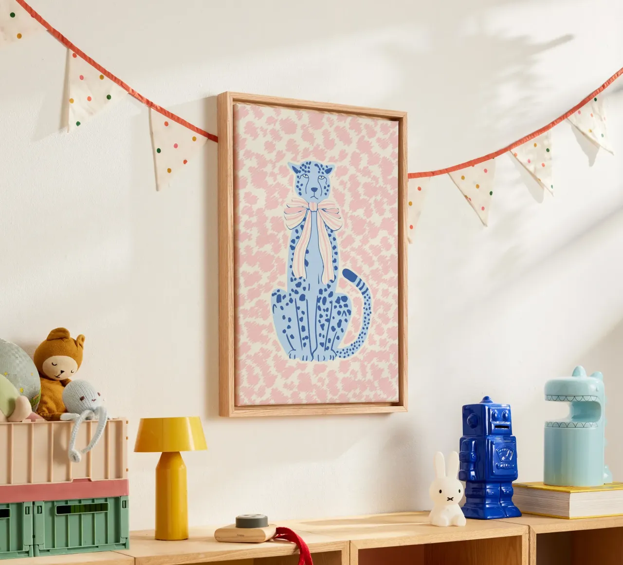 Preppy cheetah with bow canvas with Floater frame by Studio Birchwood