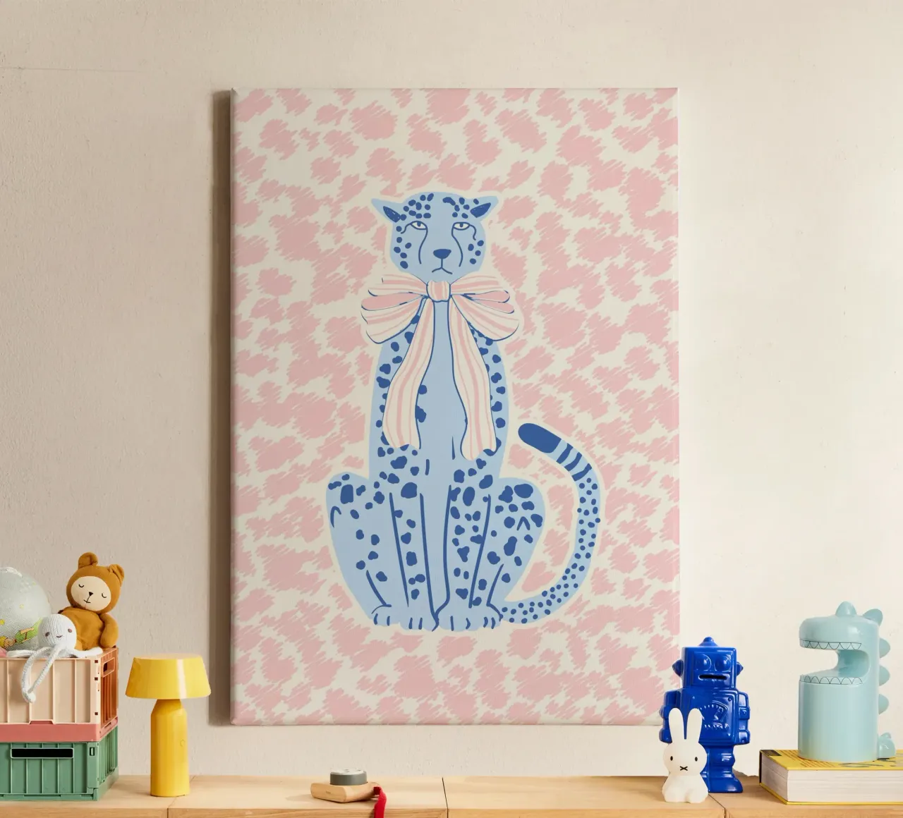 Preppy cheetah with bow canvas with Floater frame by Studio Birchwood