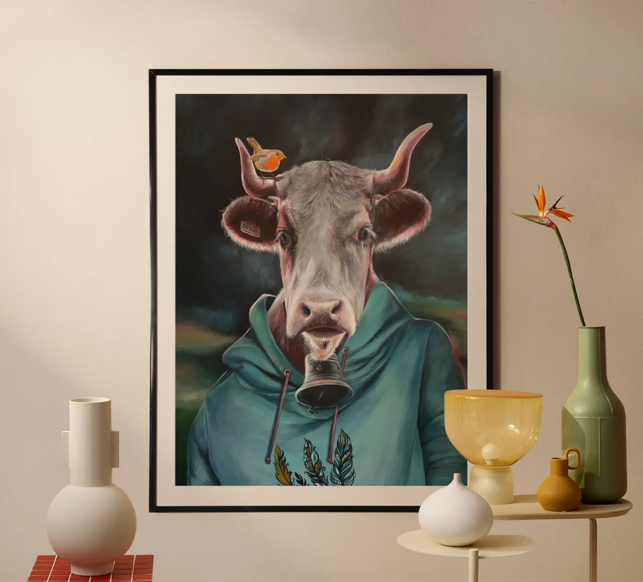 Il toro Ferdinando poster con telaio in legno da HelenBarenton