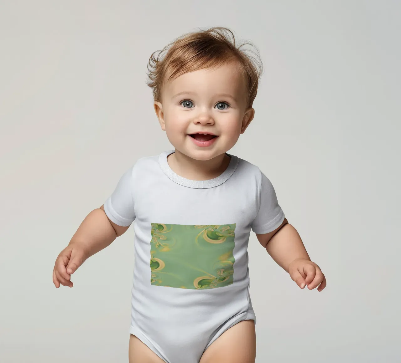 Abstract round patterns in green and yellow short-sleeve baby romper by Something for you