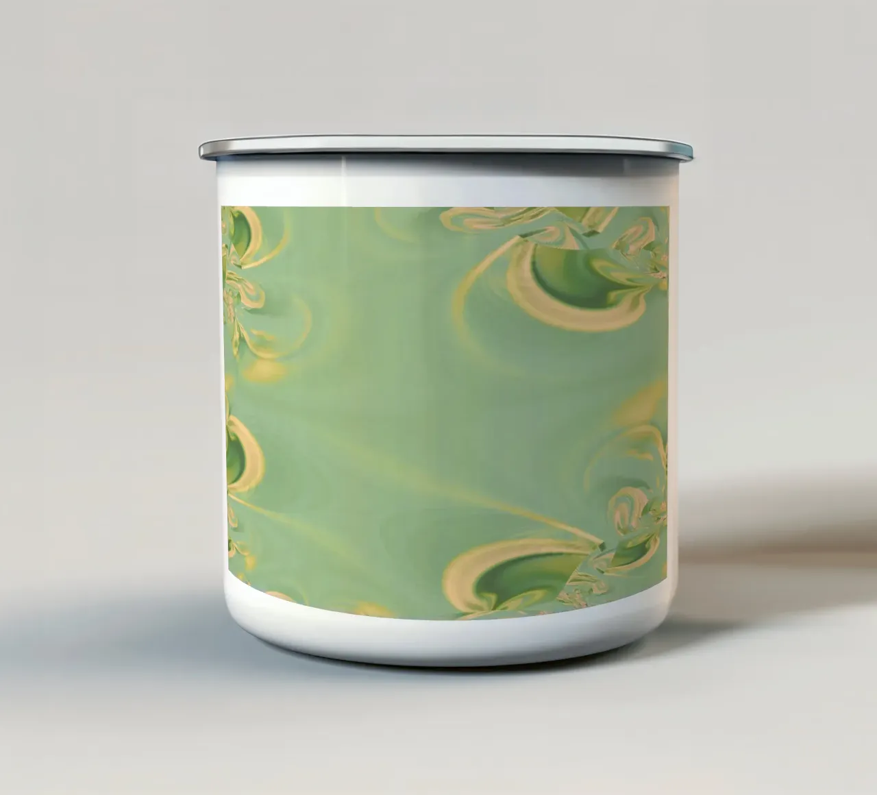 Abstract round patterns in green and yellow enamel mug by Something for you