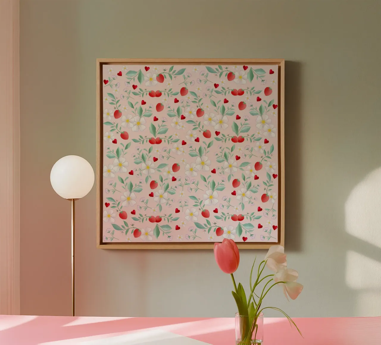 Spring pattern of white flowers and strawberries. Romantic. canvas with Floater frame by CalliLetters