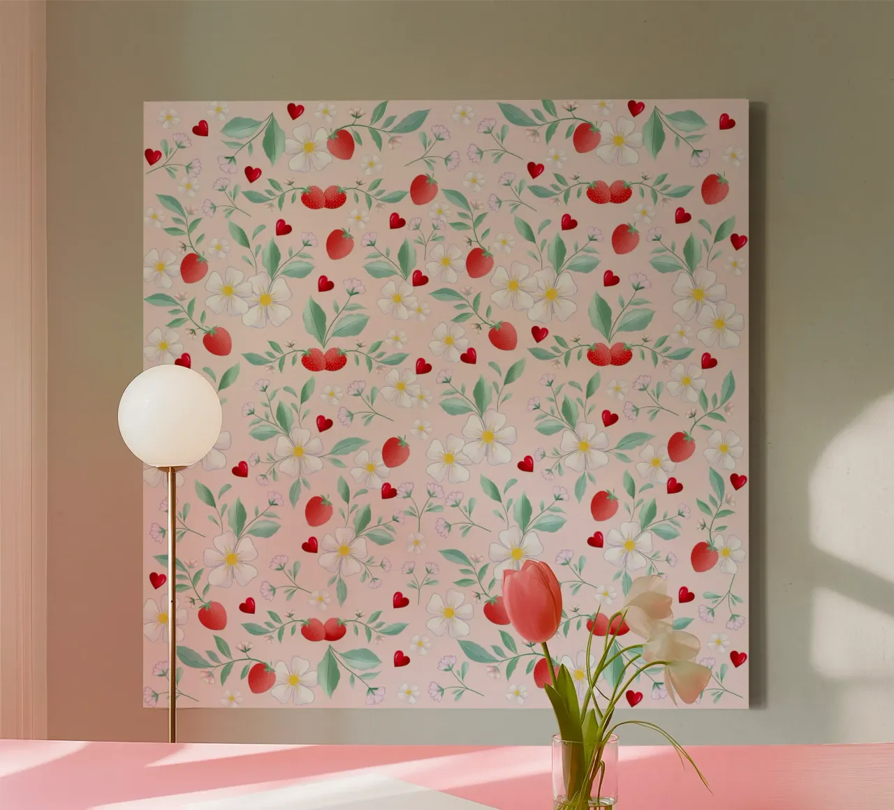 Spring pattern of white flowers and strawberries. Romantic. canvas with Floater frame by CalliLetters