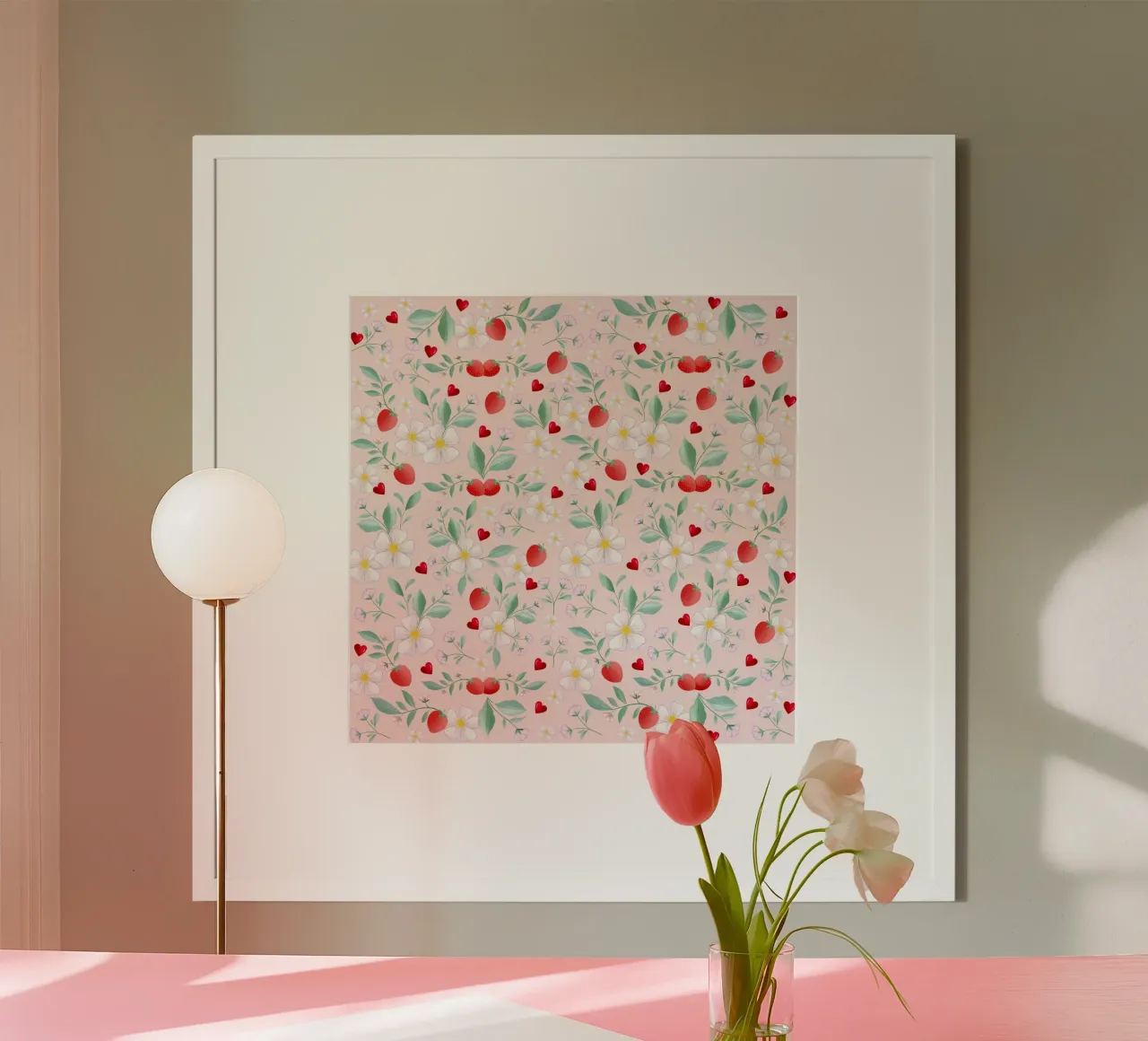 Motivo primaverile di fiori bianchi e fragole. Romantico. carta hahnemühle da CalliLetters