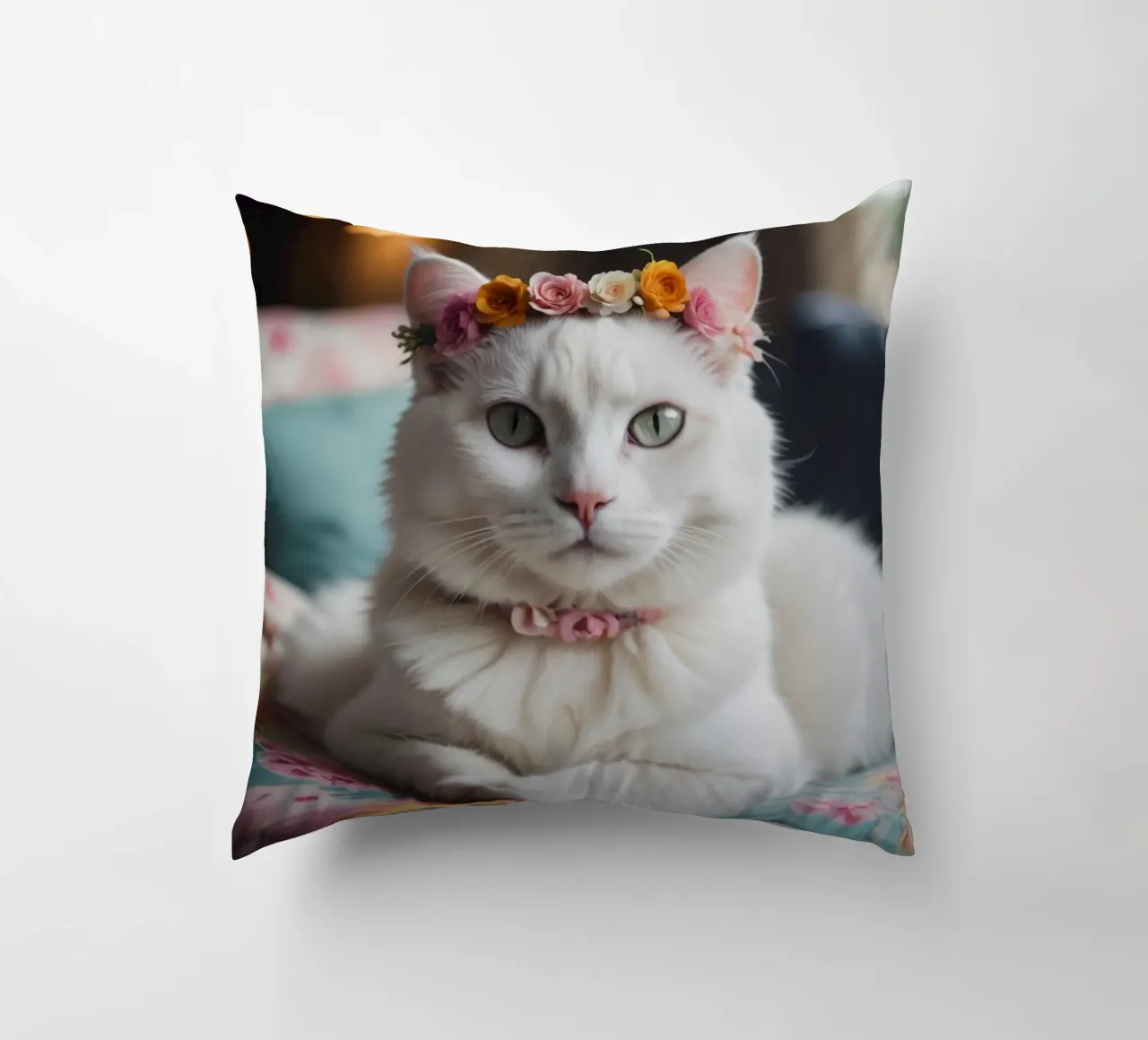 Gatto bianco con corona di fiori cuscino da Léa Lefebvre Photography