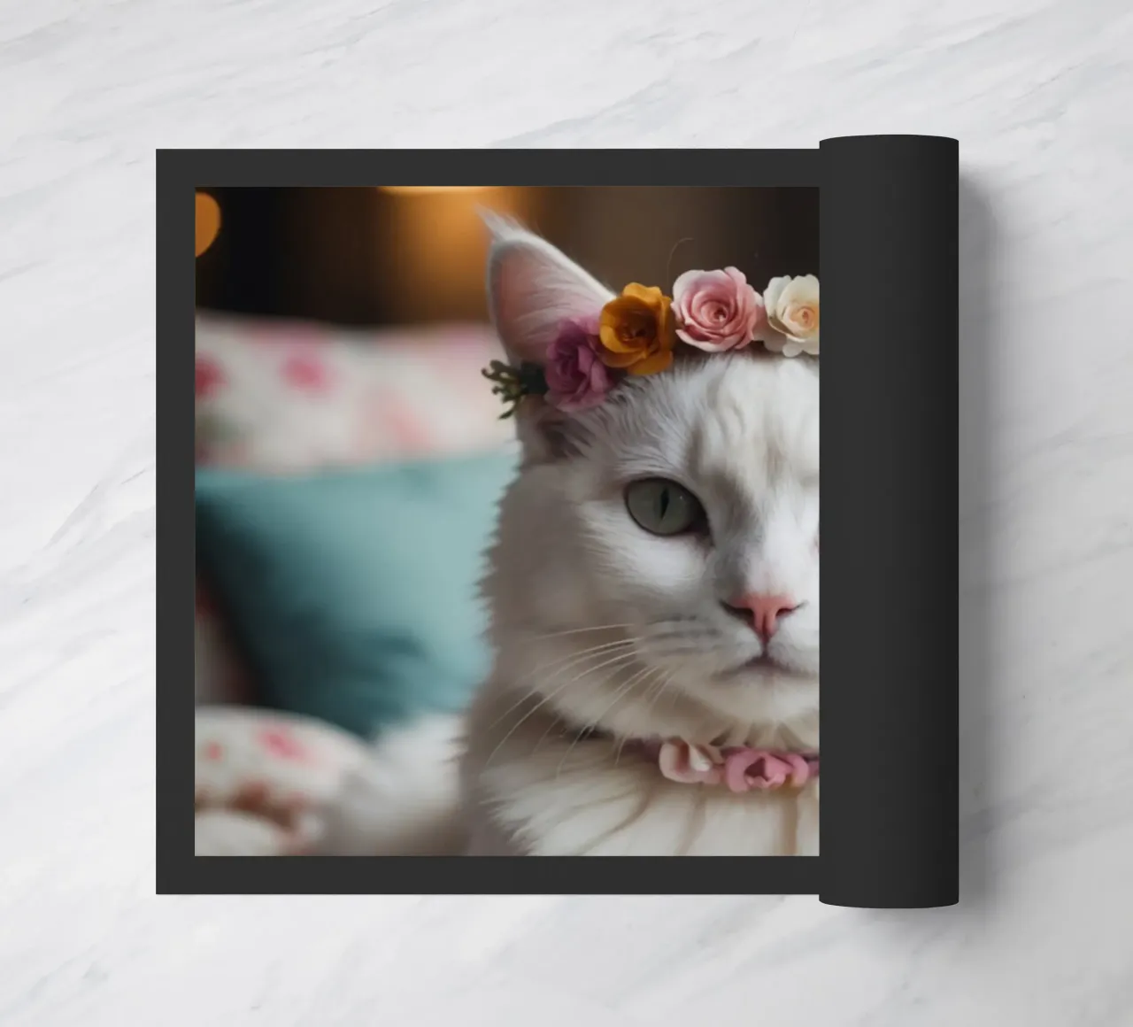 Gatto bianco con corona di fiori zerbino da Léa Lefebvre Photography