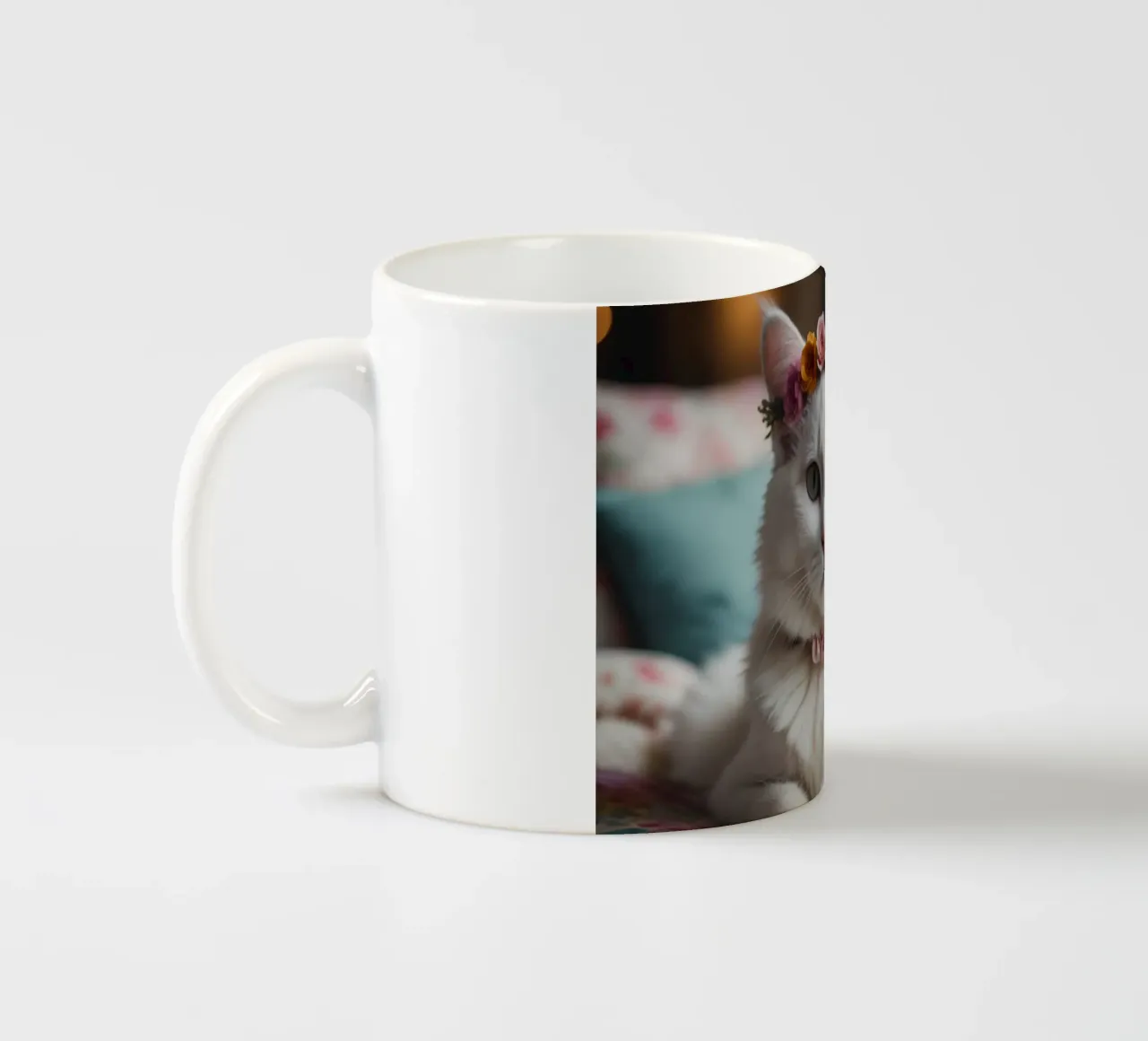 Gatto bianco con corona di fiori tazza in ceramica da Léa Lefebvre Photography