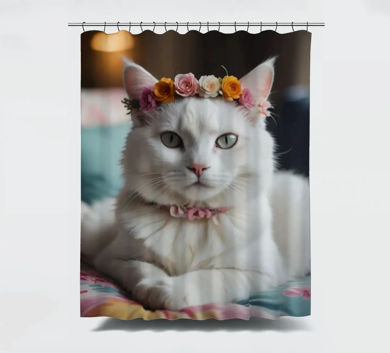 Gatto bianco con corona di fiori tenda da doccia da Léa Lefebvre Photography