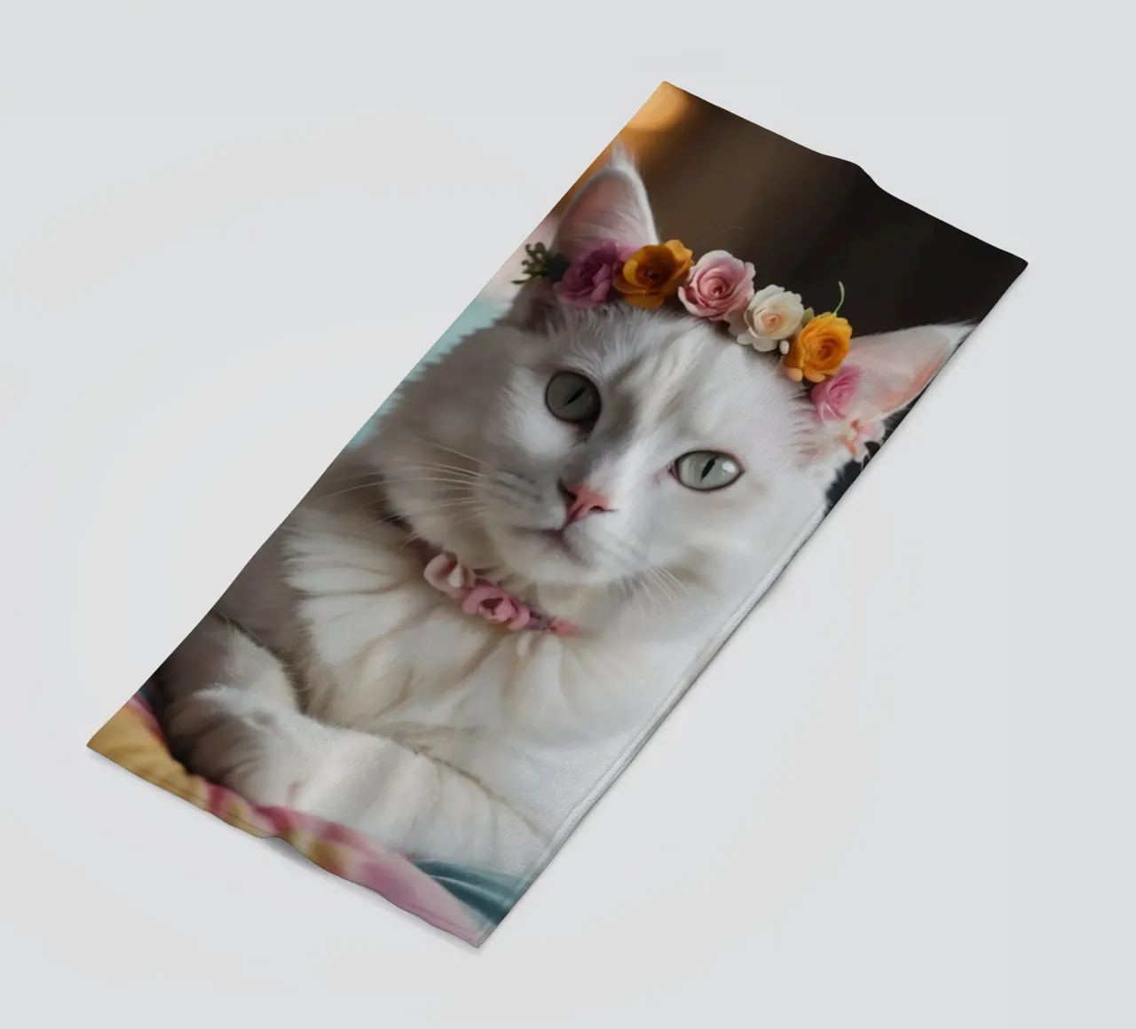 Gatto bianco con corona di fiori telo mare da Léa Lefebvre Photography