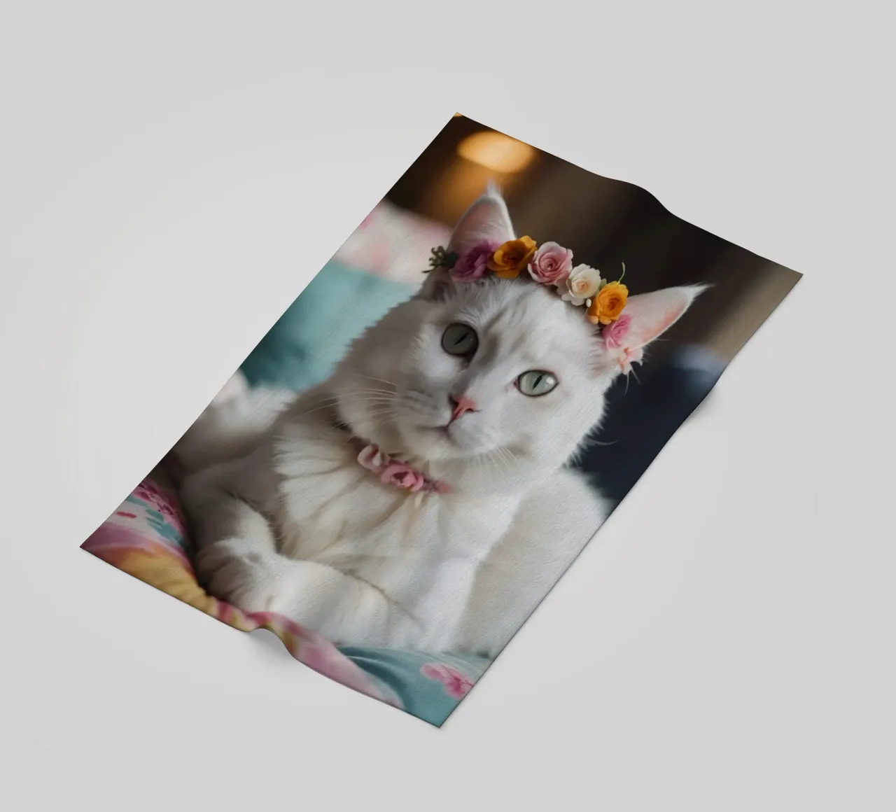 Gatto bianco con corona di fiori telo mare da Léa Lefebvre Photography