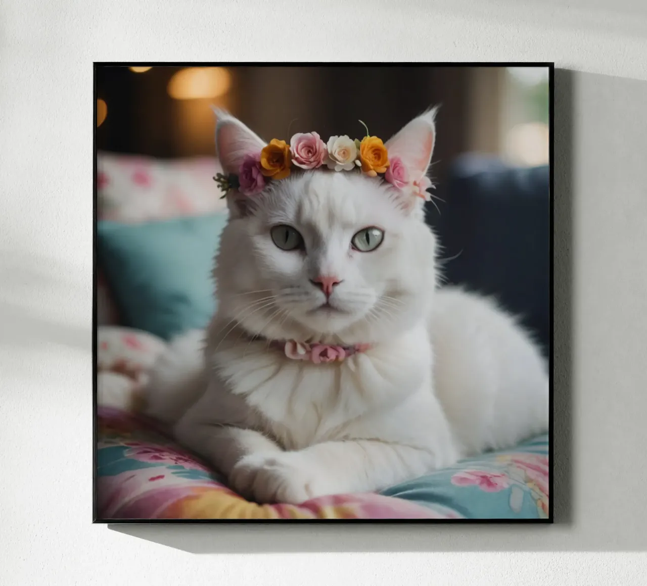 Gatto bianco con corona di fiori plexiglass da Léa Lefebvre Photography