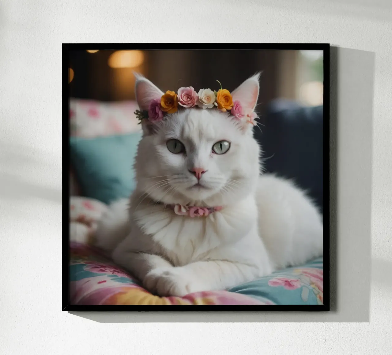 Gatto bianco con corona di fiori carta hahnemühle da Léa Lefebvre Photography