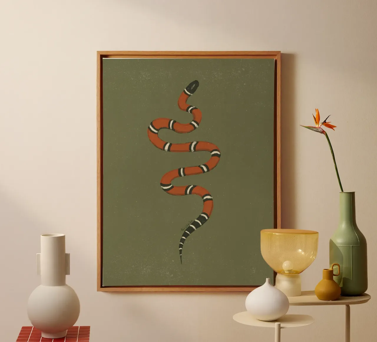 Anno del serpente, re del latte rosso serpente verde cachi Vintage tela con Cornice a cassetta da This Wild Soul - Illustration