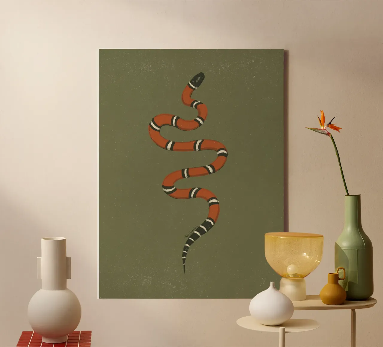 Anno del serpente, re del latte rosso serpente verde cachi Vintage tela con Cornice a cassetta da This Wild Soul - Illustration