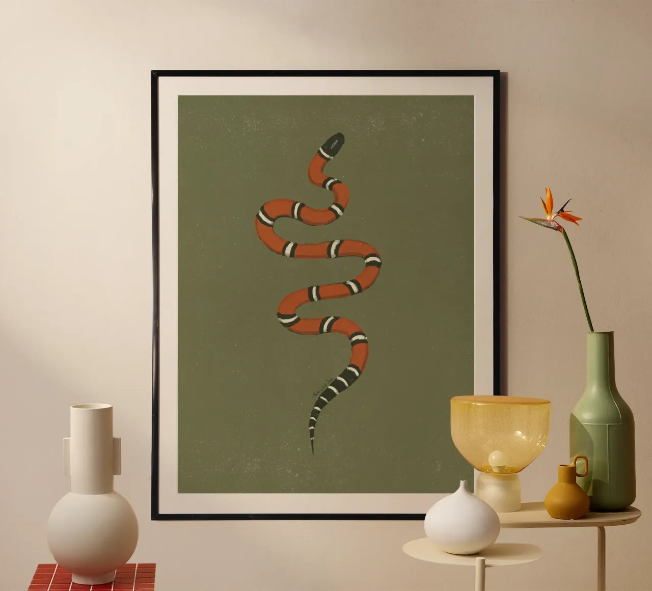 Anno del serpente, re del latte rosso serpente verde cachi Vintage poster con telaio in legno da This Wild Soul - Illustration