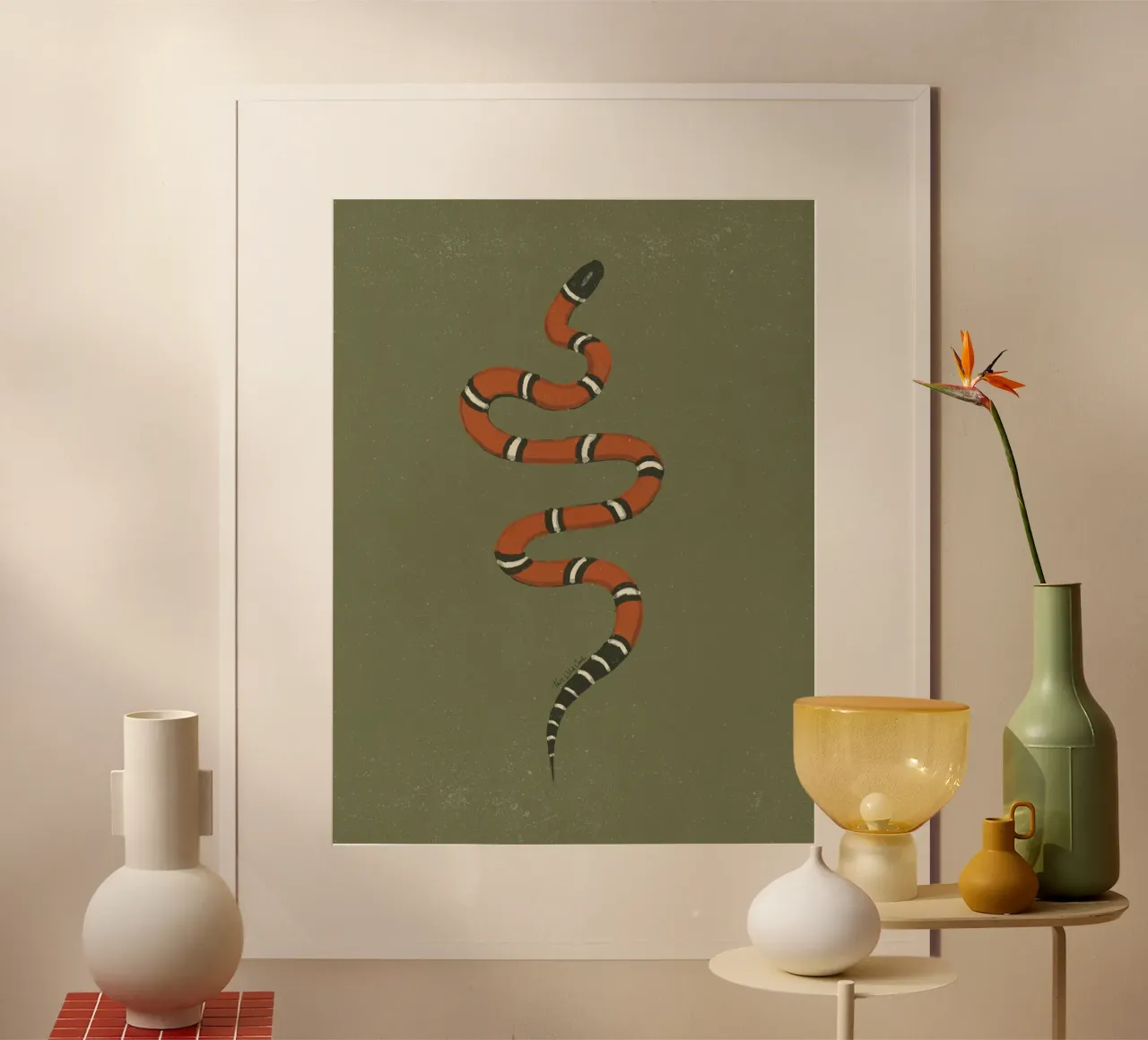 Anno del serpente, re del latte rosso serpente verde cachi Vintage poster con telaio in legno da This Wild Soul - Illustration