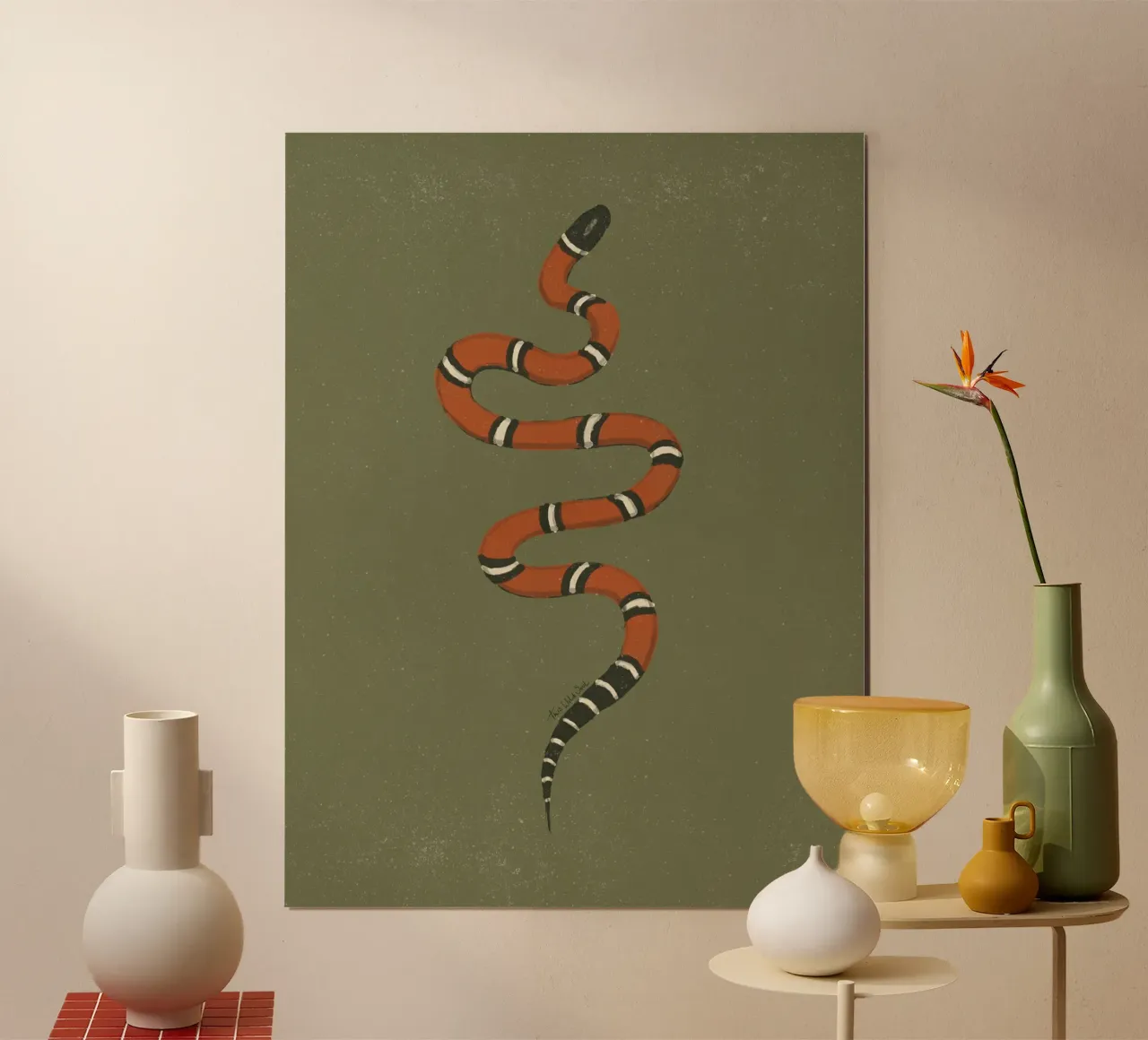 Anno del serpente, re del latte rosso serpente verde cachi Vintage poster con telaio in legno da This Wild Soul - Illustration