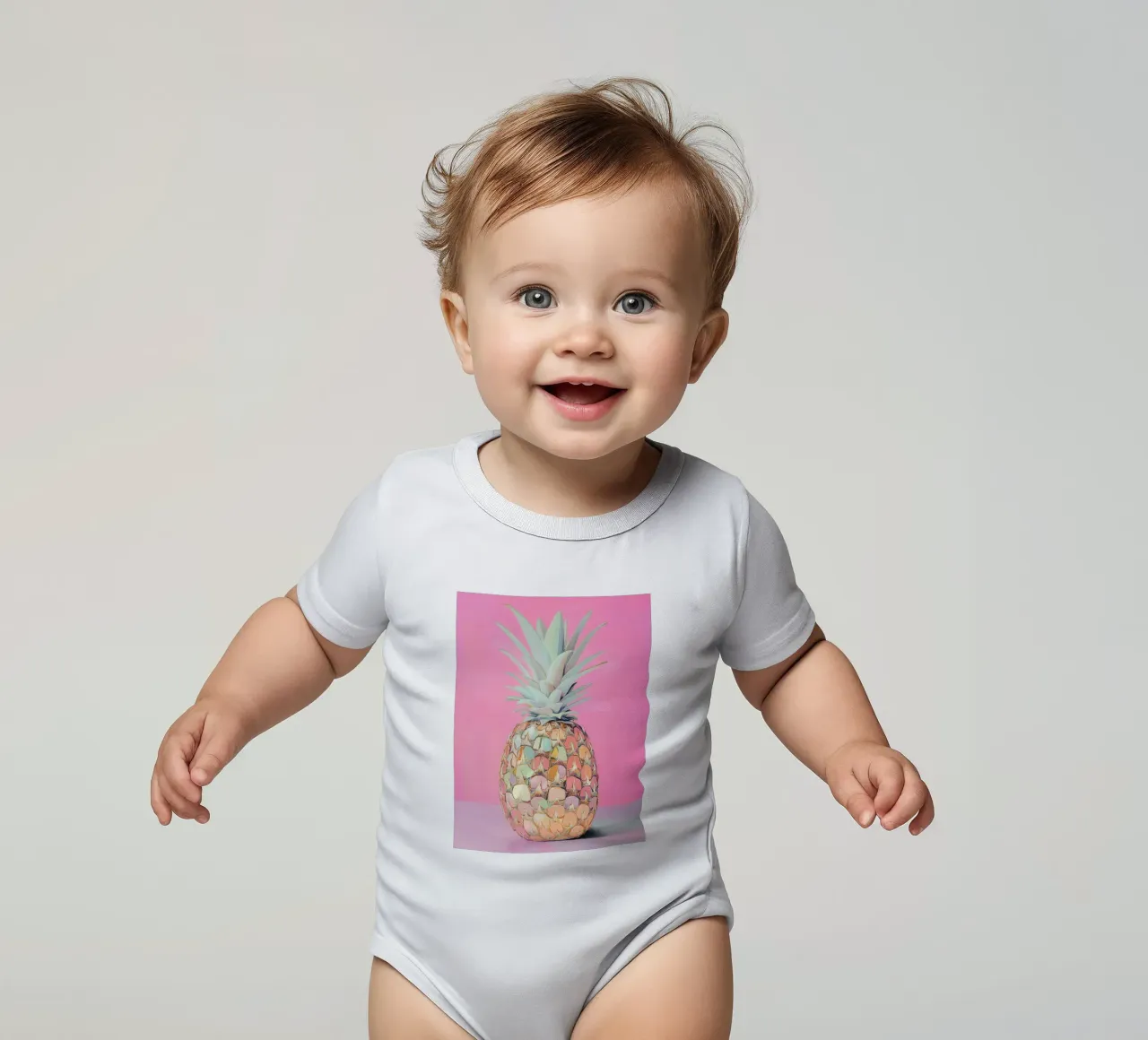 Pink pineapple disc short-sleeve baby romper by Carinaprint