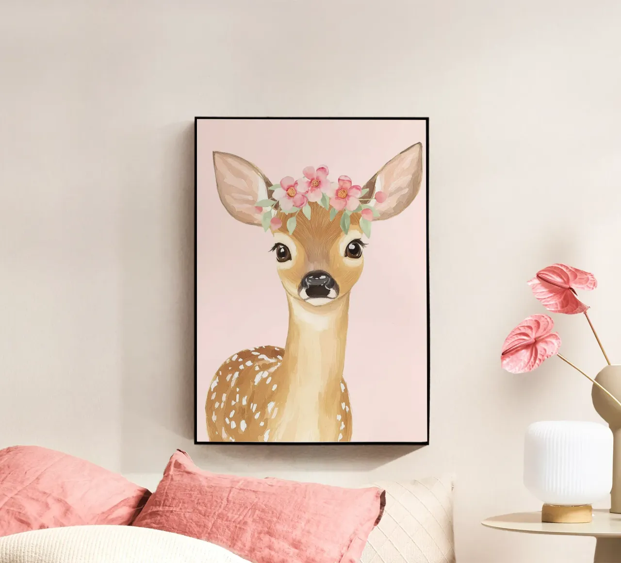 Deer Nursery Wall Art, Floral Deer Poster, Animal Wall Art acrylic glass by Little Lola
