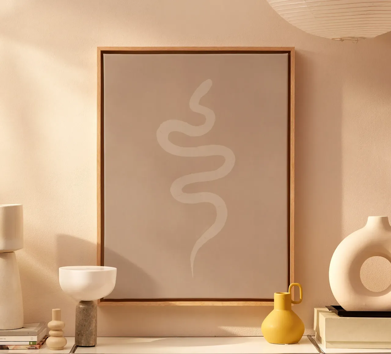Boho Peach Beige White Snake - Minimalist Abstract Organic canvas with Floater frame by This Wild Soul - Illustration